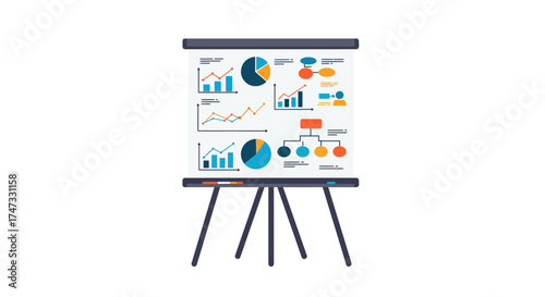 Flip chart with graphs and charts on a white background.
