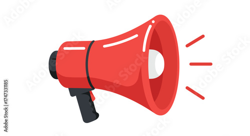 A red and white megaphone with sound waves emanating from the horn.