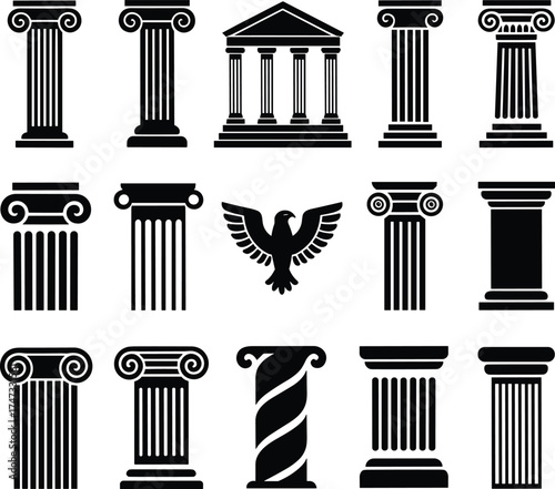 Ancient Greek Roman column silhouette illustration with classical architecture pillars, ionic doric corinthian styles, historic building structure design art
