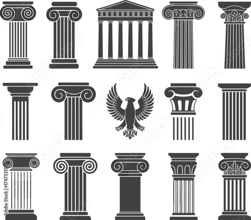 Ancient Greek Roman architecture column silhouette vector illustration with ionic doric corinthian styles, classical temple, monument and historic building design