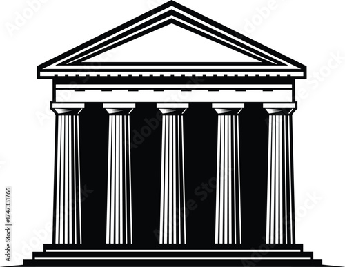Ancient Greek Roman Temple Vector with Fluted Columns, Pediment, Entablature, Symmetrical Architecture for Historical, Cultural, Governmental, and Educational Use