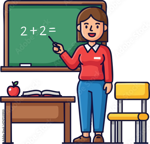 Teacher explaining math problem on chalkboard in classroom setting.