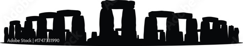 Ancient Stonehenge monument silhouette with prehistoric stone circle, historical landmark vector illustration for travel, culture, and heritage design projects