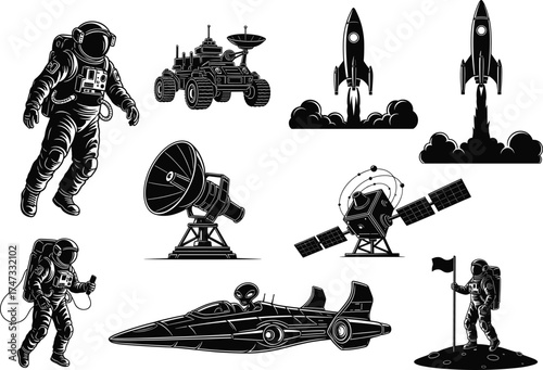 Astronaut, Mars rover, rocket launch, satellite, space shuttle, flag planting, silhouette icons, space exploration vector illustration for Adobe Stock