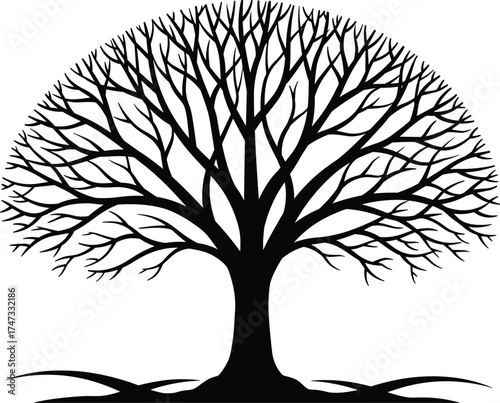 Beautiful large tree silhouette with detailed branches and roots vector illustration representing nature, growth, strength, and environmental conservation design background.