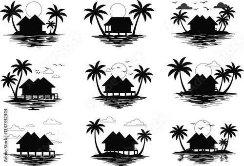 Beautiful tropical beach hut silhouettes with palm trees, ocean reflections, and sunset vector illustration set for summer vacation design.