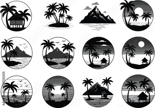 Beautiful tropical island beach silhouettes collection with palm trees, huts, and mountains vector illustration for travel, summer, and vacation design.