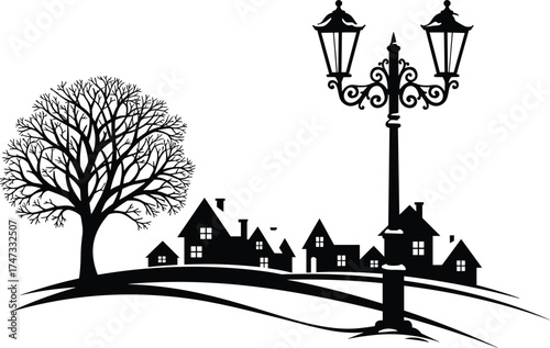 Beautiful village landscape silhouette with vintage street lamp and tree, countryside houses vector illustration for night scenery and design background.