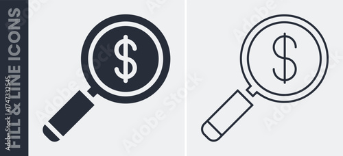Magnifying glass over dollar coin finance search