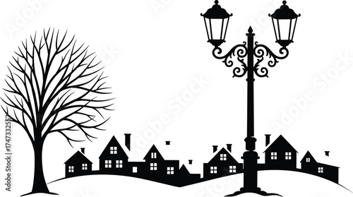 Beautiful village night landscape silhouette with street lamp and leafless tree, countryside houses vector illustration for vintage scenery design background.