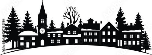 Beautiful winter village silhouette with church clock tower, snowy rooftops, pine trees, and houses on hill in black vector illustration