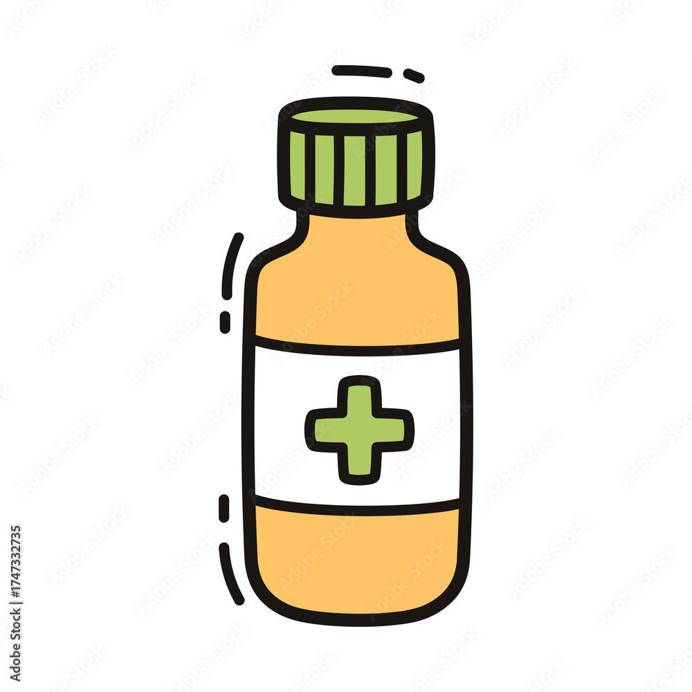 Fototapeta premium Orange medicine bottle with green cap and white label featuring a green cross symbol with a transparent background illustration