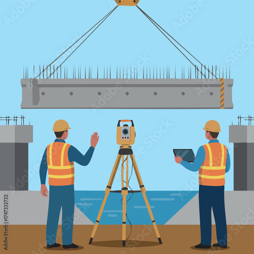 Civil engineers installing a bridge girder with crane and total station