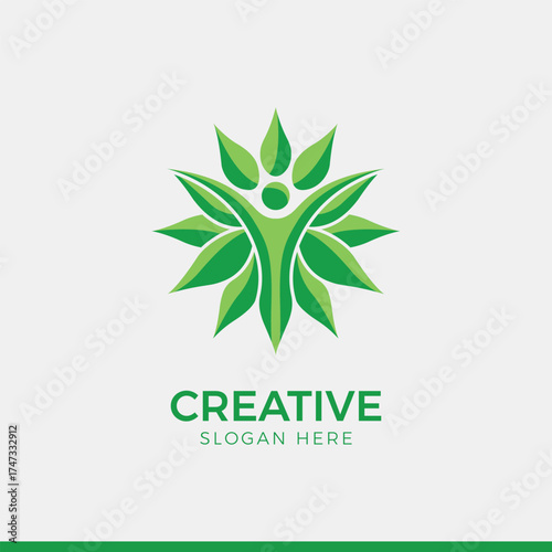 Green human figure leaf growth logo