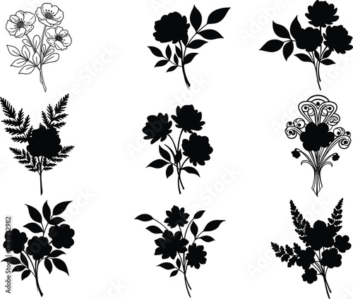 Black and White Floral Silhouettes Collection Featuring Botanical Leaves, Decorative Flowers, Ferns, Nature Elements, Minimalist Design for Vector Art