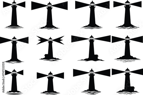 Black and White Lighthouse Silhouette Vector Set with Light Rays, Coastal Terrain, Maritime Navigation Icons for Sea Travel and Nautical Themes