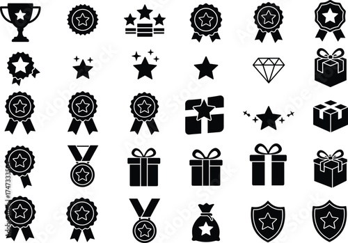 Black and White Silhouette Icons of Trophies, Medals, Stars, Gifts, Shields, and Awards for Achievement, Celebration, and Recognition Design