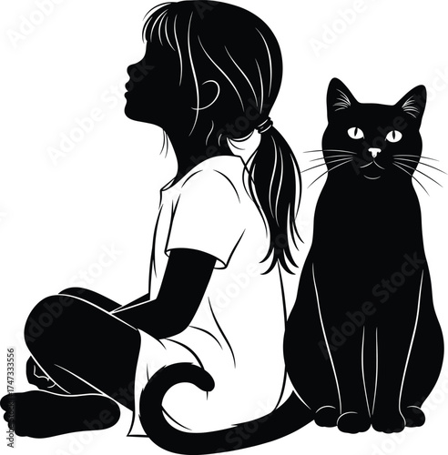 Black and White Silhouette of Child Sitting with Cat – Peaceful Companionship, Pet Bond, Minimalist Vector for Emotional and Lifestyle Themes
