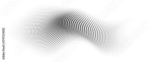 Flowing Wave Dot Halftone Pattern: Curve Gradient Shape on Transparent Background. Suitable for AI, Tech, Network, Digital, Science, and Technology Themes.