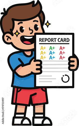 Happy Boy Shows Excellent Report Card with All A Grades.
