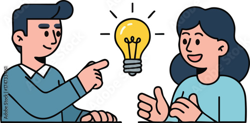 Two colleagues discussing a bright idea with a lightbulb symbol.