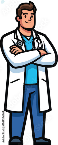 Friendly Male Doctor in Lab Coat with Stethoscope Arms Crossed.