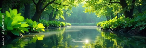 Tranquil Waterscape Sunlight Dapples Calm Water Reflecting Lush Green Vegetation, Creating a Serene Natural Scene Perfect for Relaxation and Nature-Themed Designs