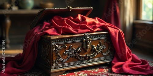 Antique Chest Overflowing with Luxurious Fabrics Jewel-Toned Silks and Satins Bathed in Warm Light