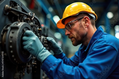 Focused Technician Performing Meticulous Machinery Inspection in Industrial Factory Setting for Preventive Maintenance, Ensuring Operational Efficiency and Preventing Costly Downtime.