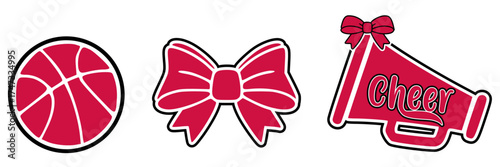 Chicago Cheerleader illustration. Red and Black Cheerleader Megaphone, a Bow and a Basketball.