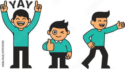 Cartoon Men Expressing Joy and Approval with Gestures.