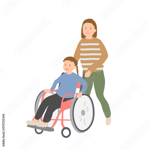 車椅子の女の子と見守る母親のイラスト