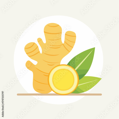 Ginger root and slice with leaves