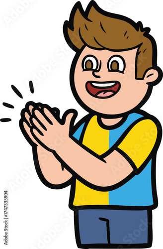 Happy boy clapping hands with joy and excitement celebrating success.