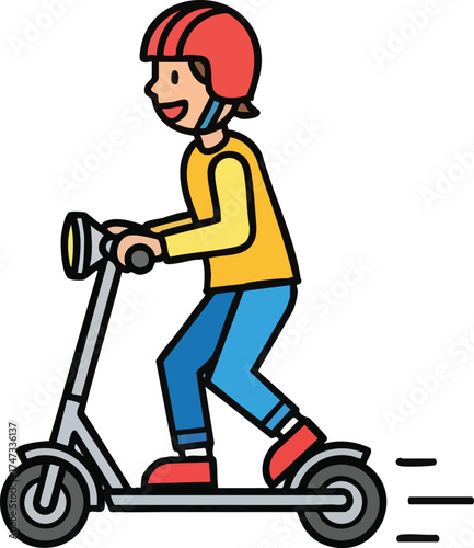 Happy person riding an electric scooter with a helmet.