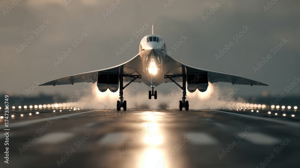 Fototapeta premium Supersonic jet taking off from runway airport aviation photography dynamic setting ground perspective flight innovation