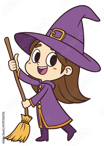A cute cartoon witch girl wearing a big purple hat and matching robe with gold trim. She’s smiling happily while holding a broom, giving a cheerful and playful Halloween vibe.