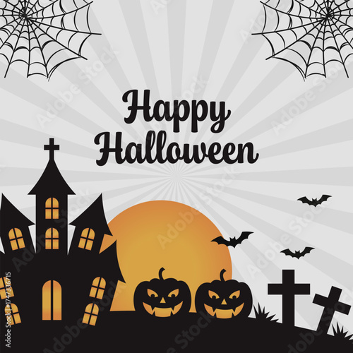 Happy Halloween Greeting with Silhouette Haunted House,Gravestones, Jack O Lantern, Spider Web ,Moon ,Bats and Starburst Background Illustration.