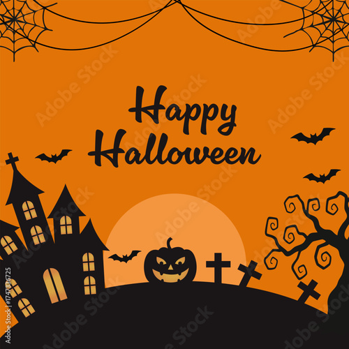 Happy Halloween Greeting Banner with Haunted House and Spider Web Silhouette Illustration