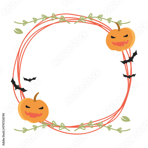 Halloween Border Circle with Pumpkin Bats Leaves Flat Style Elements Illustration.