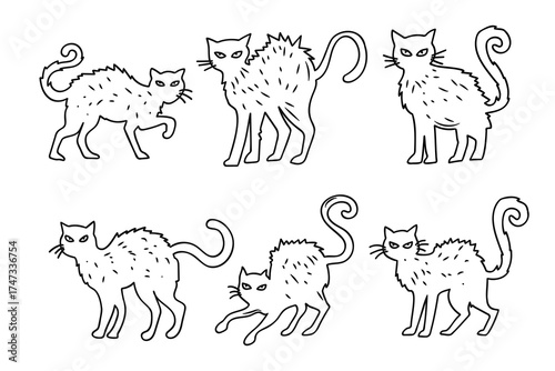 Black Cat Scary Silhouette Collection. Spooky Halloween Animal Icons Vector Set.Cat Doodle Line Drawing Collection. Spooky Halloween Animal Outline Set Vector.