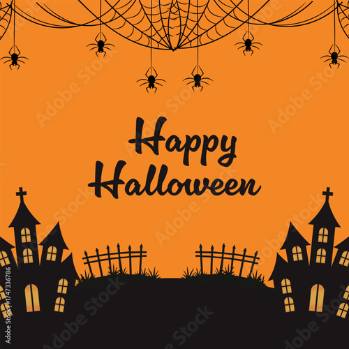 Happy Halloween Greeting Banner with silhouette halloween Background Illustration.