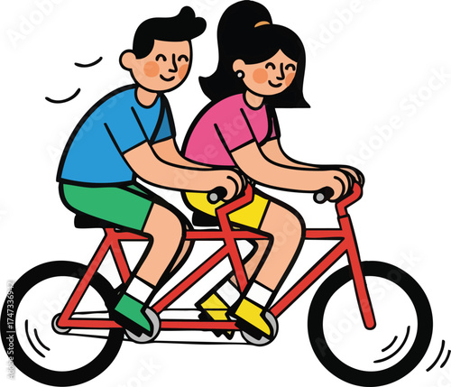Couple enjoying tandem bicycle ride together on sunny day.