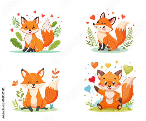 A charming collection of four cute cartoon foxes in various happy scenes with hearts and balloons.