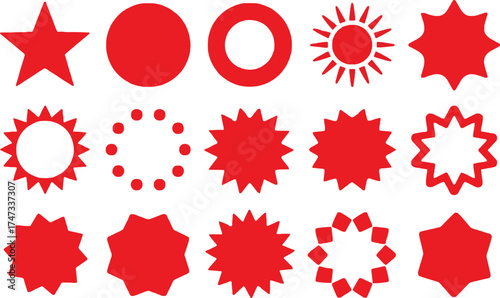 Collection of Red Geometric Shapes and Symbols for Decoration or Design Elements Including Star Circle Sunburst and Starburst