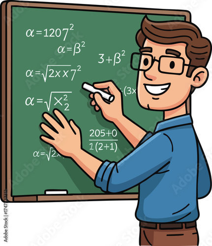 Cartoon teacher writing math equations on a chalkboard.