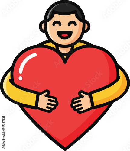 Happy Person Hugging a Big Red Heart Symbol.