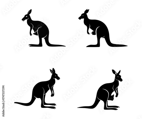 Four black silhouette illustrations of kangaroos, some with joeys in their pouches.