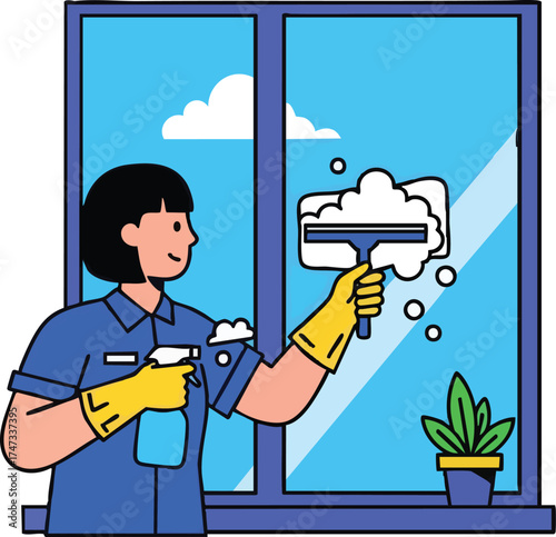 Woman cleaning window with spray and squeegee professional cleaning service.