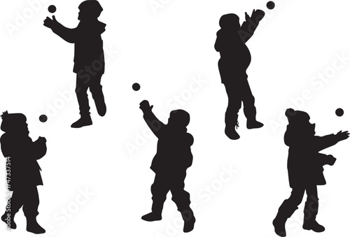 Silhouette children playing throwing snow balls vector illustration stock image graphic